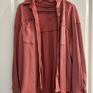 aerie Waffle-Knit Button Shirt Jacket - Coral